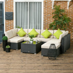 Outsunny 8 Pieces PE Rattan Corner Sofa Set, Outdoor Garden Furniture Set, Patio Wicker Sofa Seater w/ Cushion, Washable Cushion Cover & Tempered Glass Table, Khaki