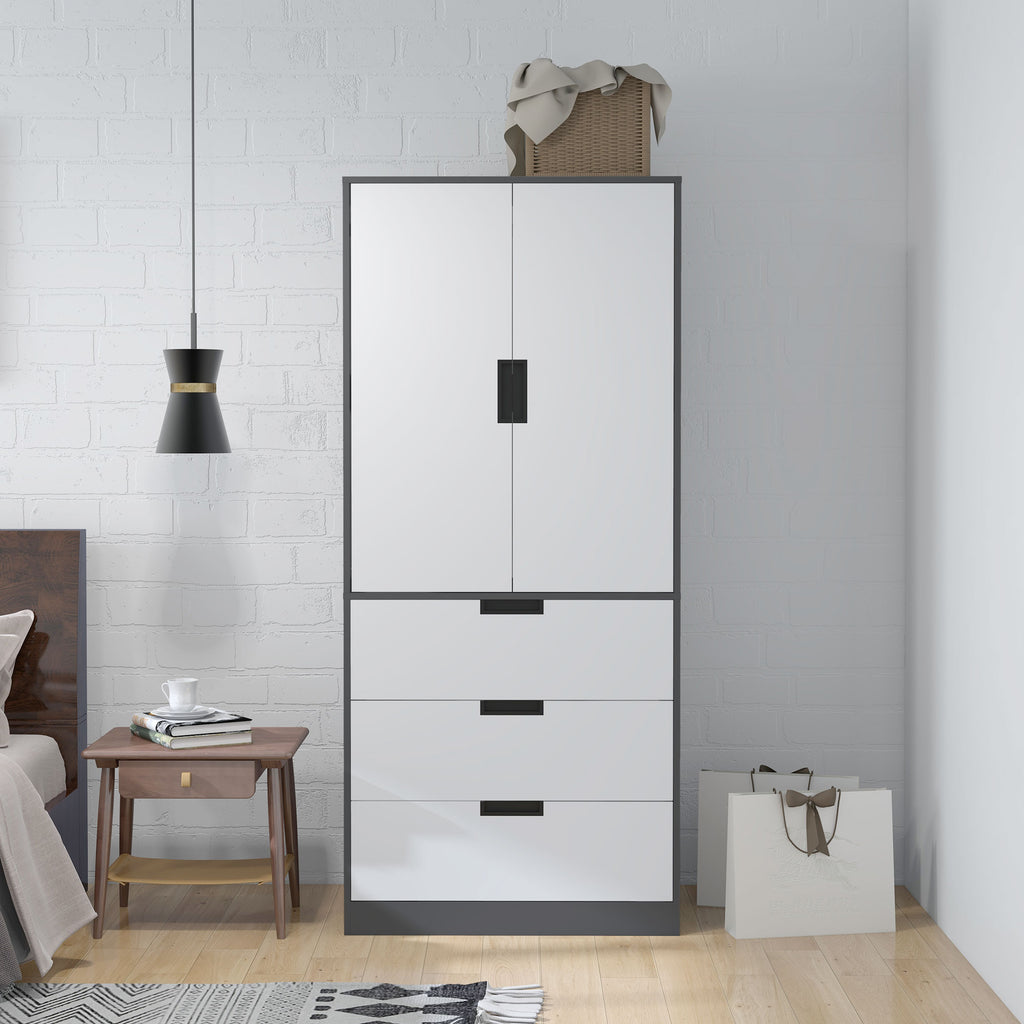 Modern Clothes Storage Cupboard Unit, 3 Drawer 2 Door Wardrobe with Hanging Rod, Grey