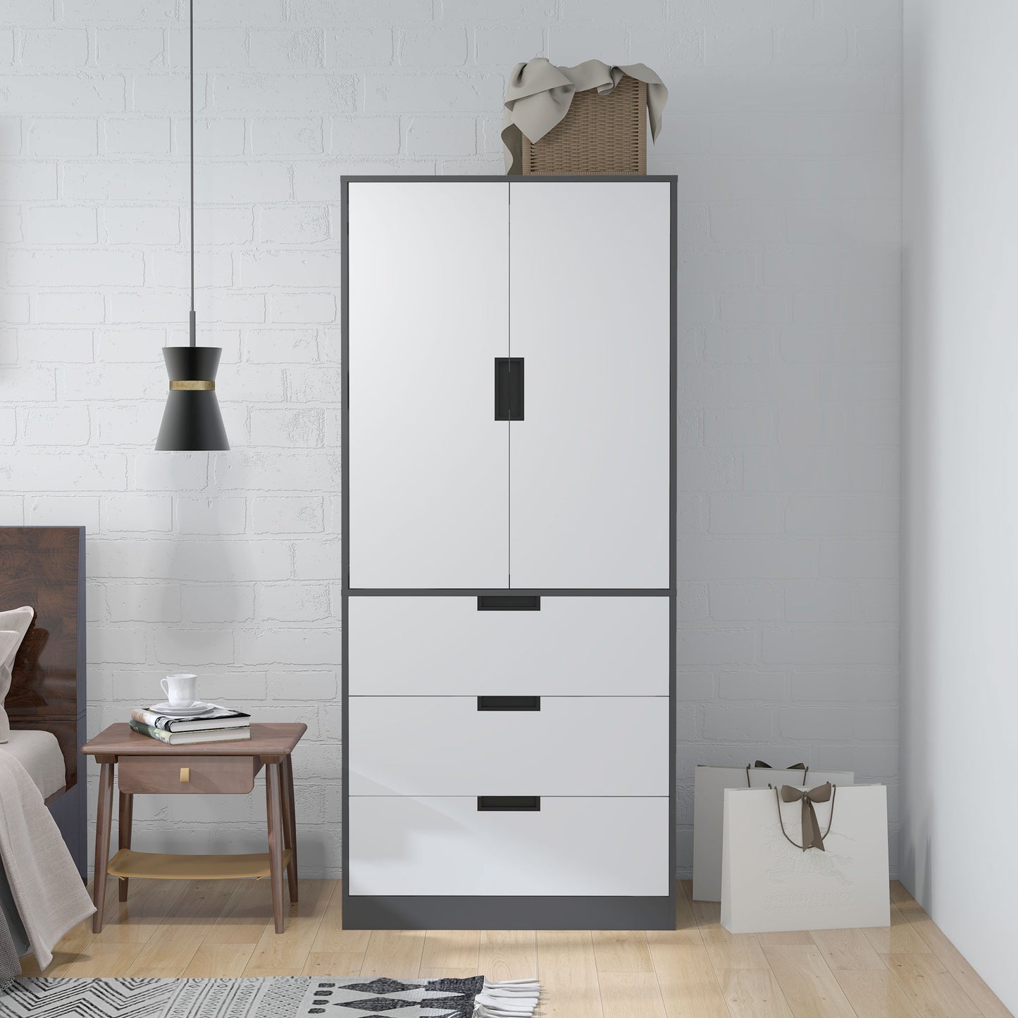 Modern Clothes Storage Cupboard Unit, 3 Drawer 2 Door Wardrobe with Hanging Rod, Grey