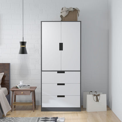 Modern Clothes Storage Cupboard Unit, 3 Drawer 2 Door Wardrobe with Hanging Rod, Grey