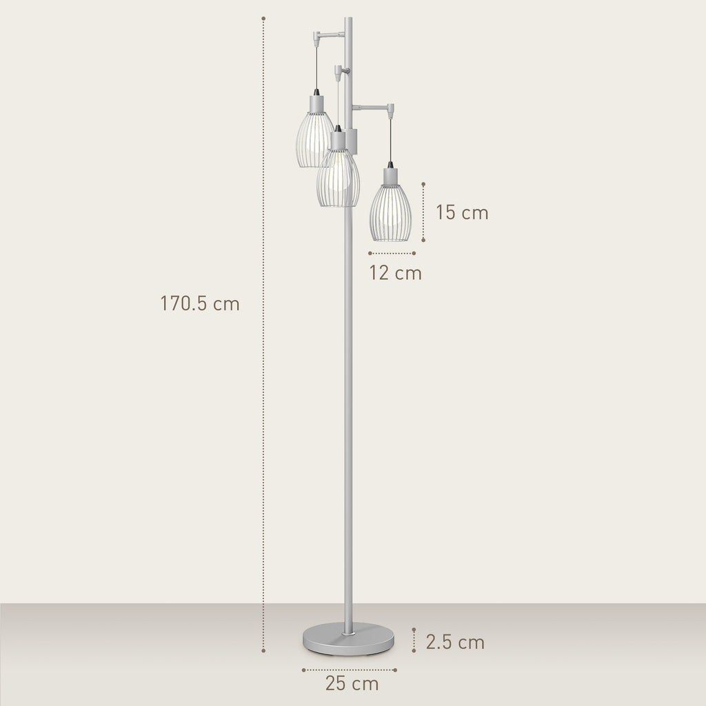 3-Light Floor Lamp, 170cm Industrial Dimmable Standing Lamp with Steel Wire Cage Lampshades for Living Room, Bedroom, Dining Room, Study, Bulb Not Included, Silver Tone