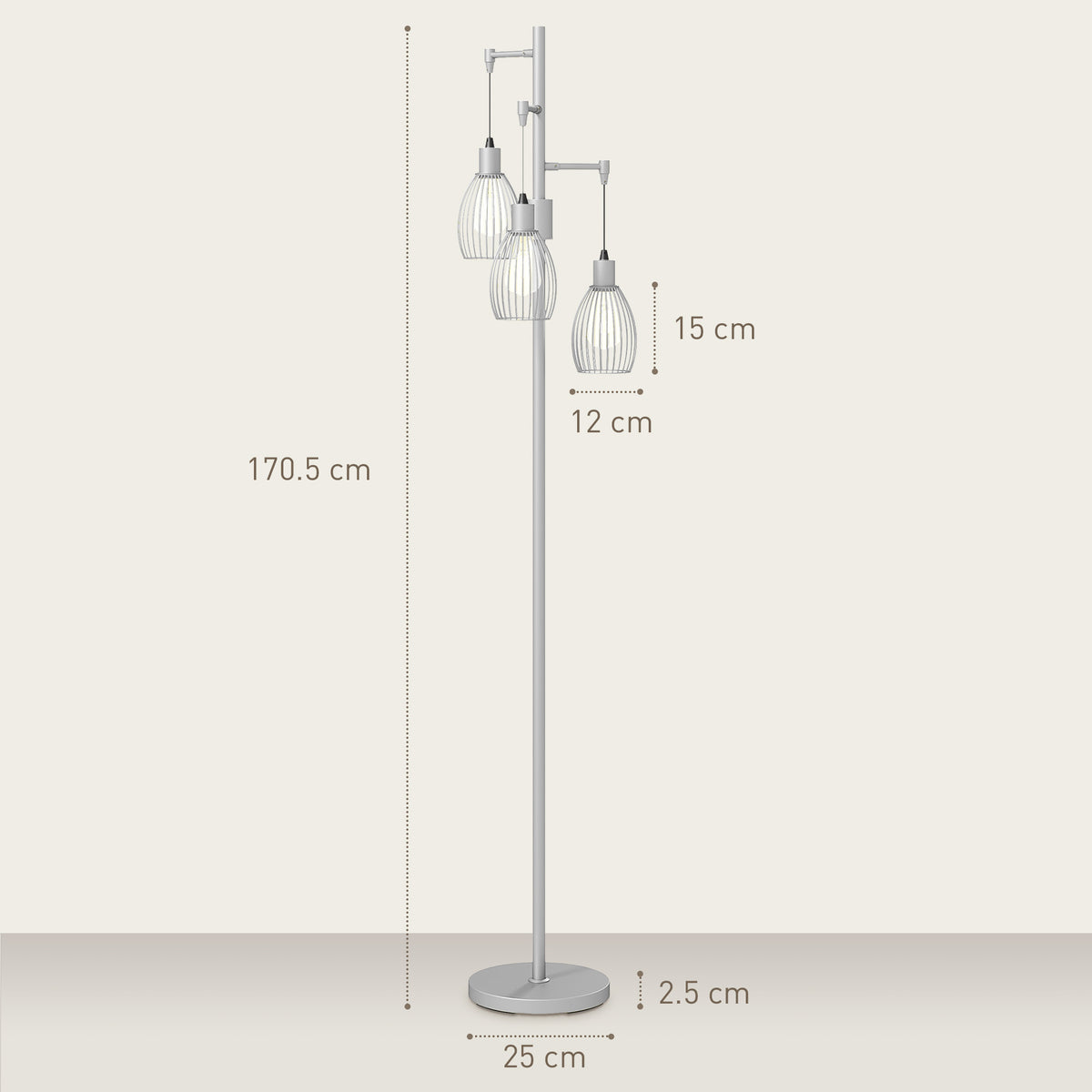 3-Light Floor Lamp, 170cm Industrial Dimmable Standing Lamp with Steel Wire Cage Lampshades for Living Room, Bedroom, Dining Room, Study, Bulb Not Included, Silver Tone