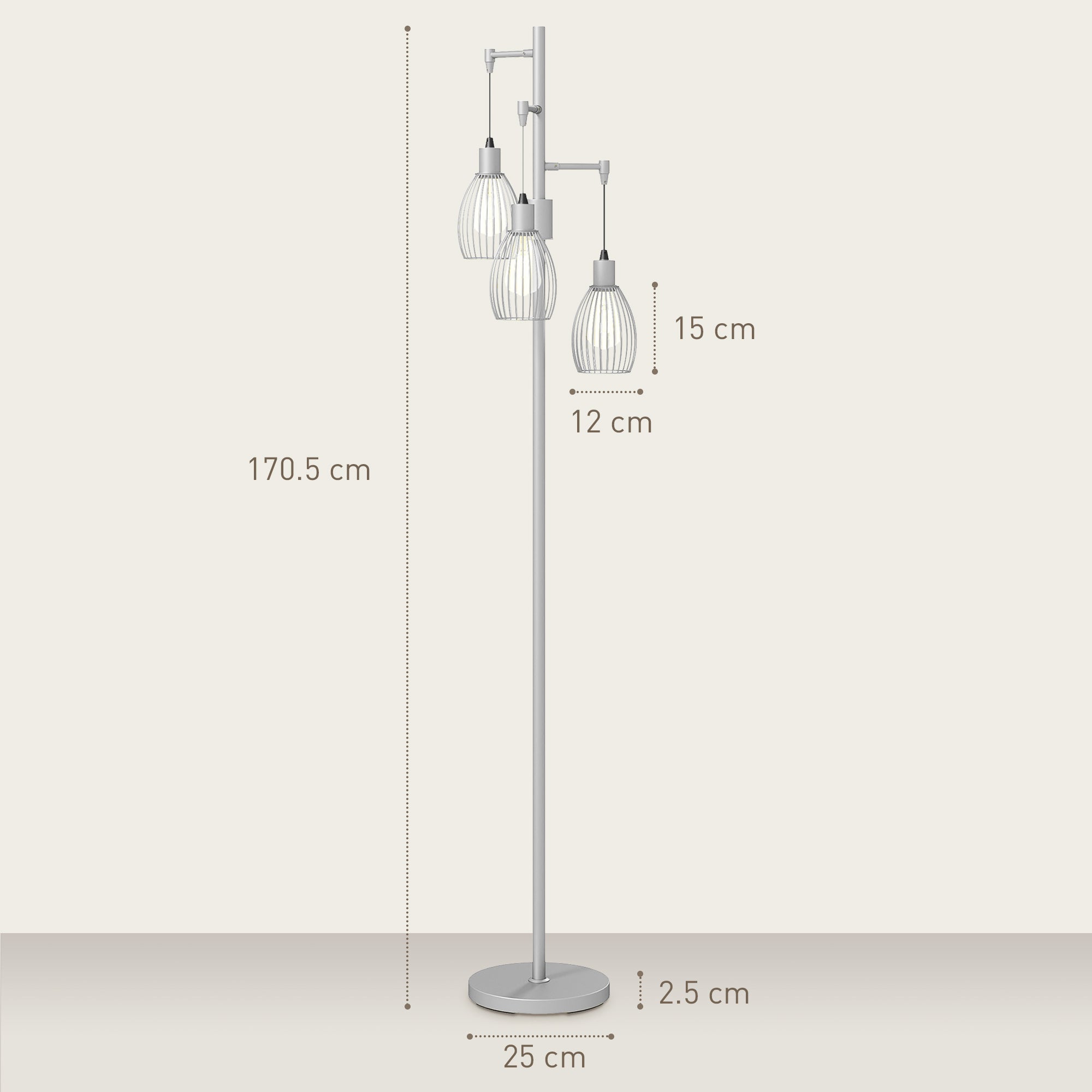3-Light Floor Lamp, 170cm Industrial Dimmable Standing Lamp with Steel Wire Cage Lampshades for Living Room, Bedroom, Dining Room, Study, Bulb Not Included, Silver Tone