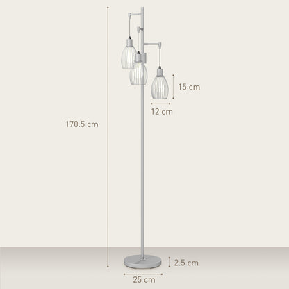3-Light Floor Lamp, 170cm Industrial Dimmable Standing Lamp with Steel Wire Cage Lampshades for Living Room, Bedroom, Dining Room, Study, Bulb Not Included, Silver Tone