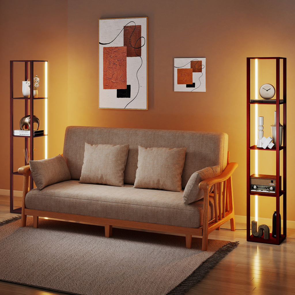 RGB LED Floor Lamp with Shelves, Modern Dimmable Standing Lamp with Remote Control, Adjustable Brightness & Speed for Living Room, Bedroom, Office, Brown