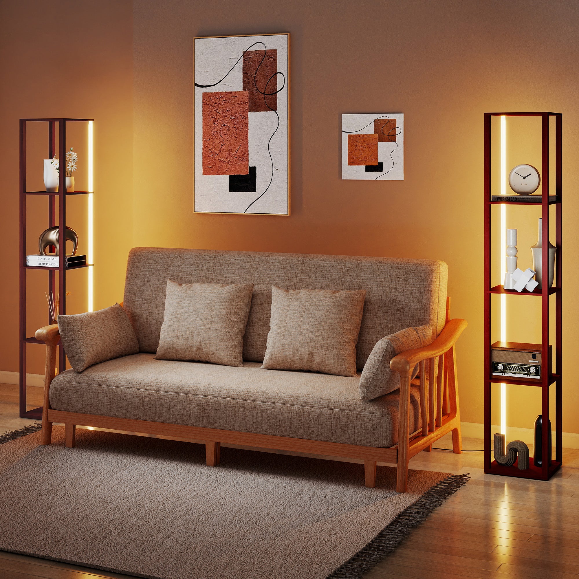 RGB LED Floor Lamp with Shelves, Modern Dimmable Standing Lamp with Remote Control, Adjustable Brightness & Speed for Living Room, Bedroom, Office, Brown