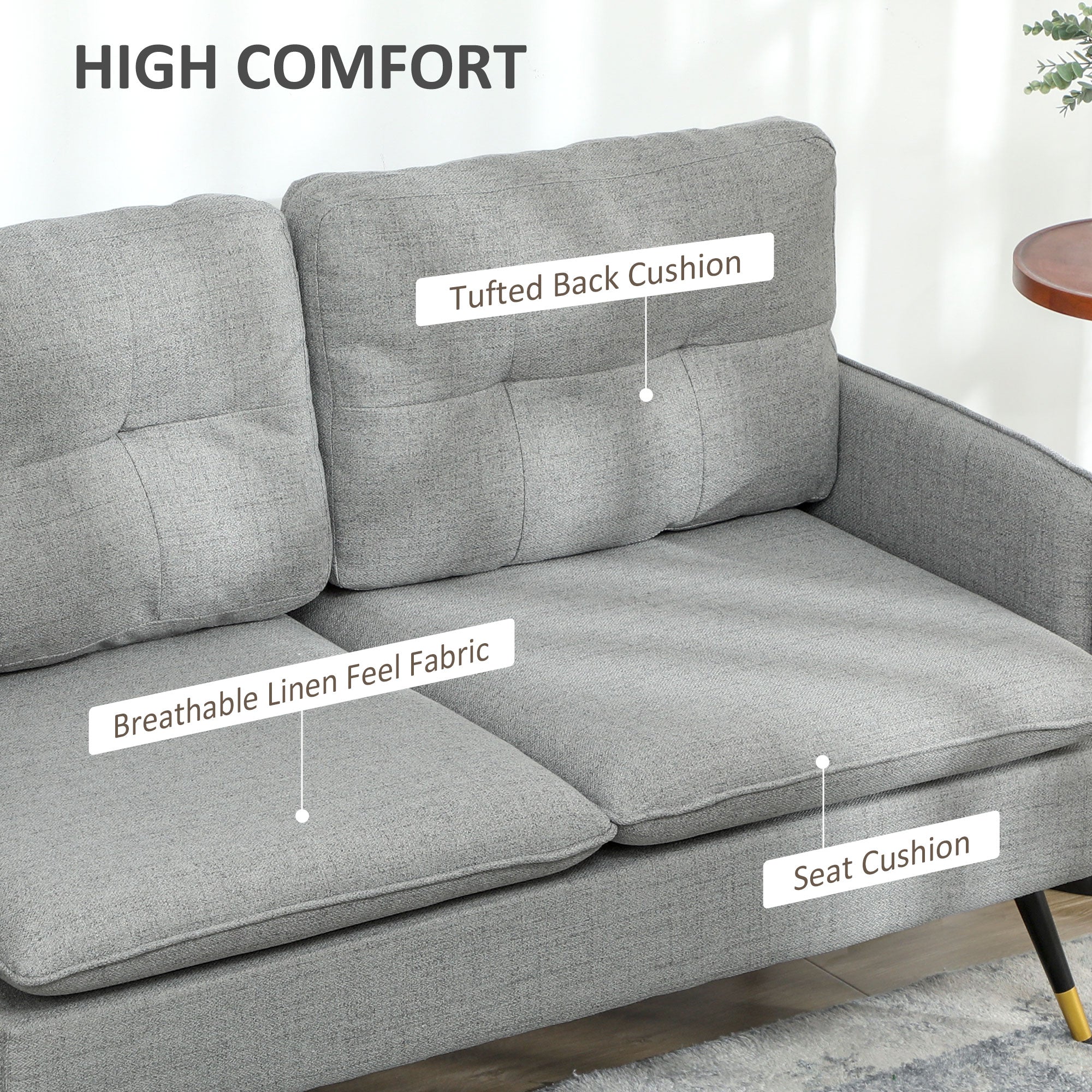 HOMCOM Modern Two Seater Sofa, Button Tufted Loveseat with Cushions and Steel Legs for Living Room, Guest Room, Grey