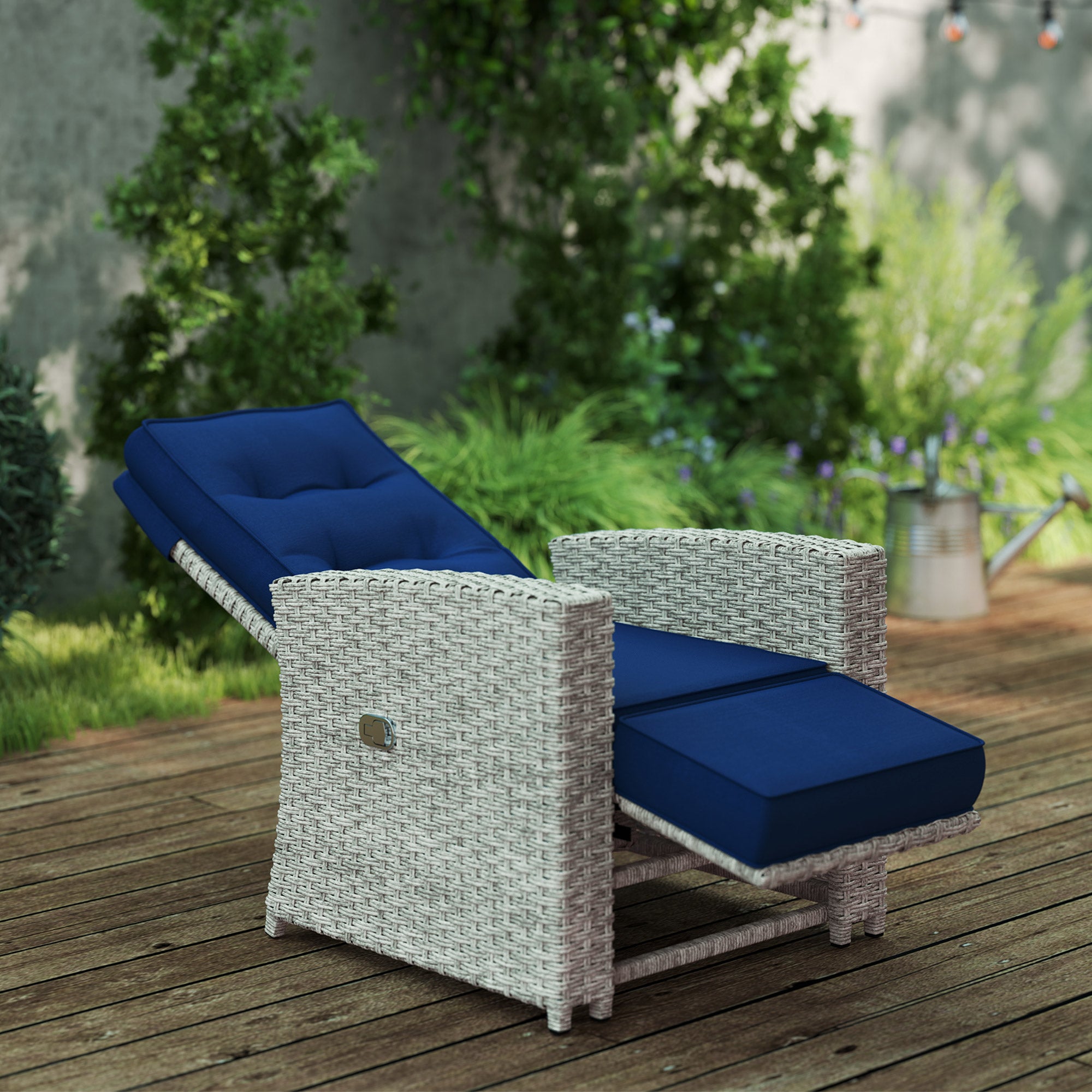 Outsunny 4 Piece Rattan Garden Furniture Set Outdoor Sofa Sectional Set with Glass Top Table for Poolside, Navy Blue