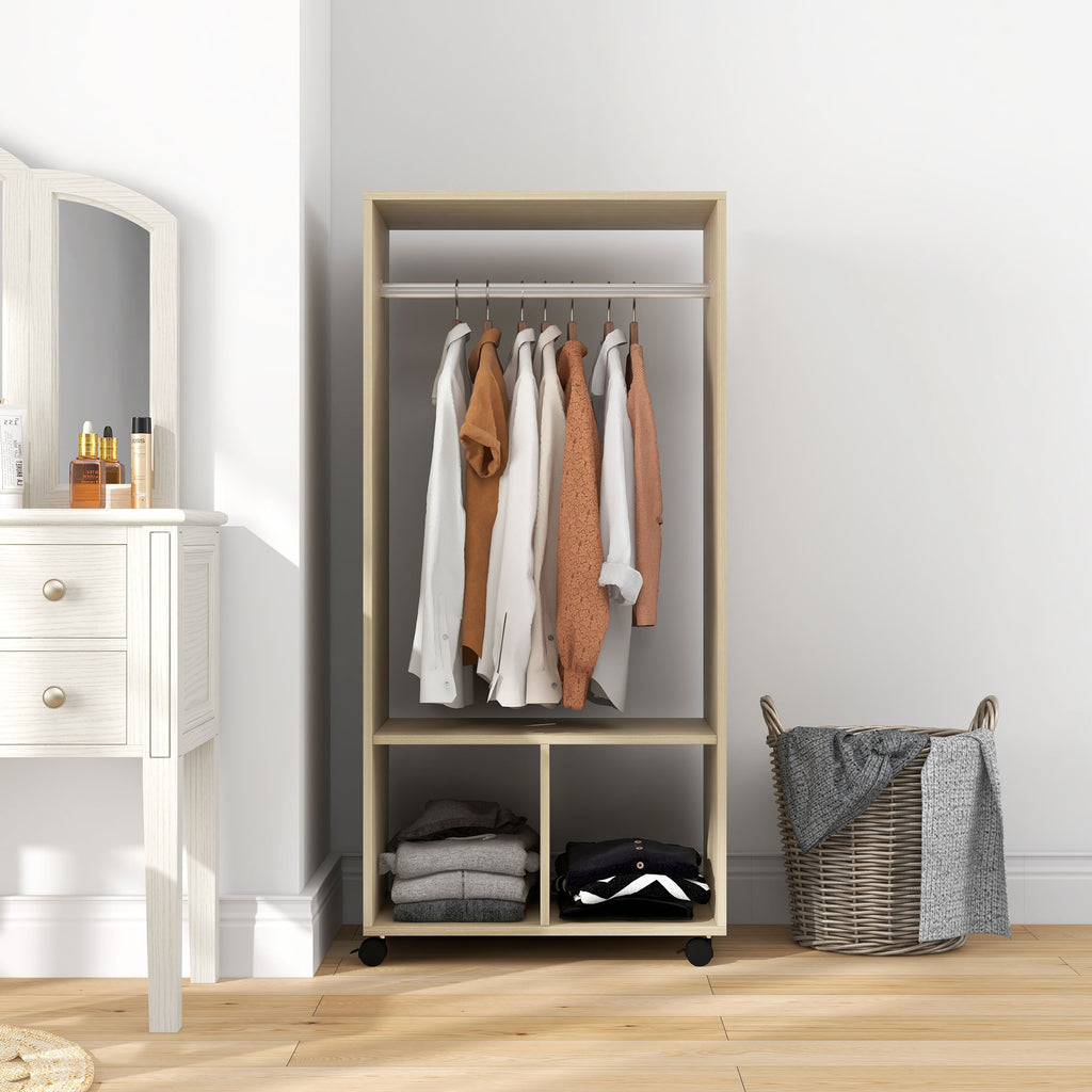 Open Wardrobe on Wheels, Bedroom Wardrobe with Clothes Hanging Rail, 2 Storage Shelves, Mobile Garment Rack for Cloakroom, Hallway, Natural