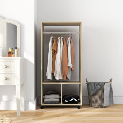 Open Wardrobe on Wheels, Bedroom Wardrobe with Clothes Hanging Rail, 2 Storage Shelves, Mobile Garment Rack for Cloakroom, Hallway, Natural