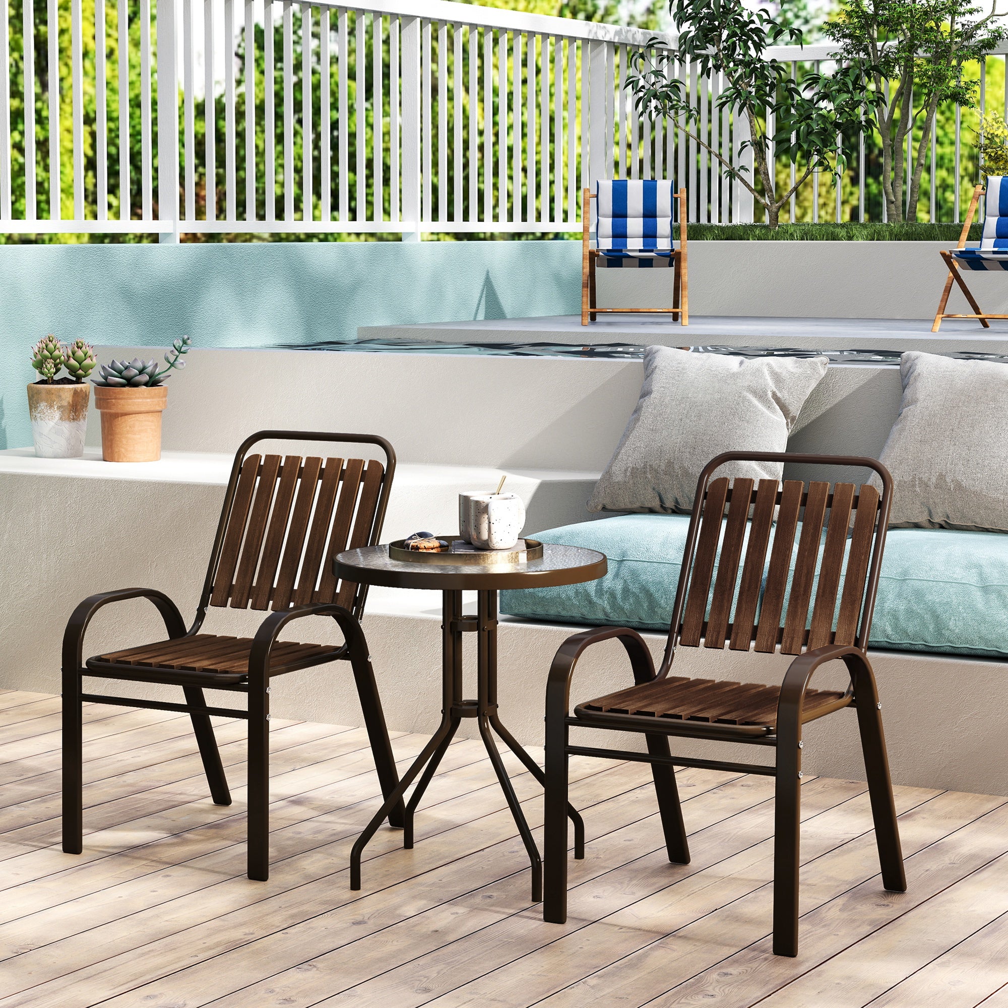 Outsunny 3 Pieces Patio Bistro Set with Stackable Chairs, Tempered Glass Table, for Outdoor, Balcony, Patio, Garden, Dark Brown