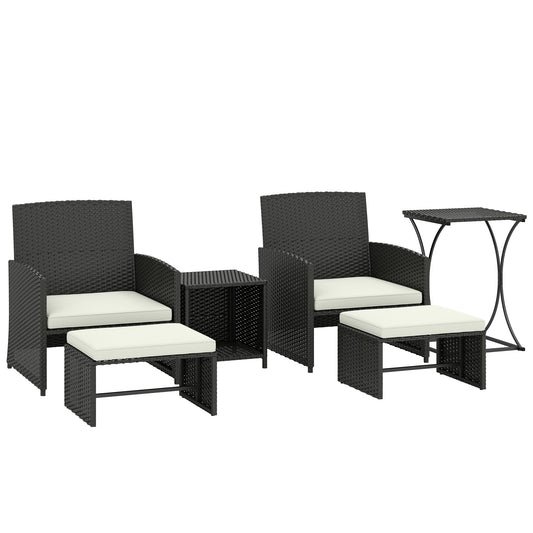 Outsunny 6 Piece Rattan Garden Furniture, Space-Saving Patio Furniture Set with Nesting Tables, Chairs, Stools, Cushions, Black