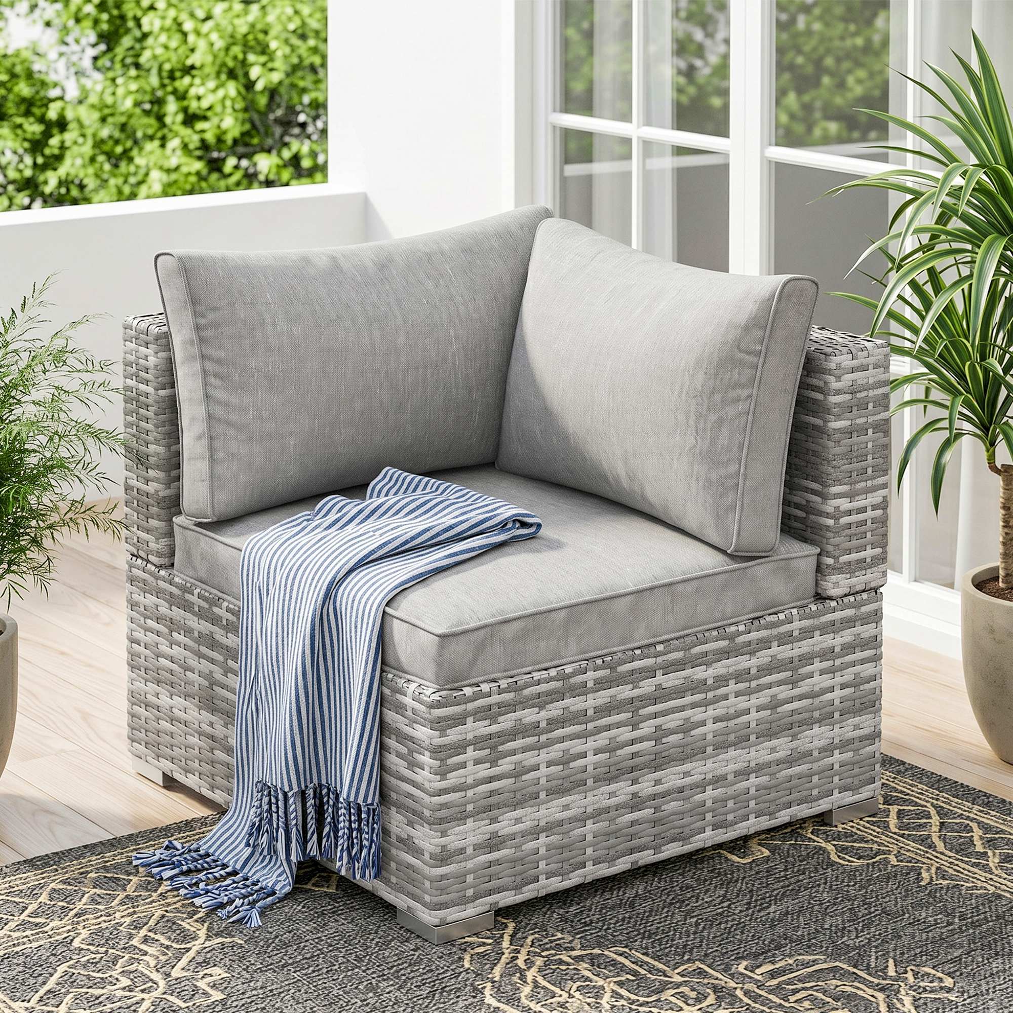 Outsunny Outdoor PE Rattan Corner Sofa, Garden Wicker Furniture Single Sofa Chair w/ Cushions, Light Grey