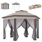 Outsunny 3 x 4m Garden Gazebo Hexagon Pop Up Gazebo Party Tent Canopy Double Roof Instant Shelter with Netting and Carry Bag for Outdoor Patio, Beige