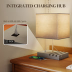 Bedside Lamp with USB A+C Charging Ports and 3 Phone Stands, Modern Table Lamp with Solid Wood Base and Fabric Shade for Bedroom Living Room Office, E27 Socket, Bulb Not Included, Grey