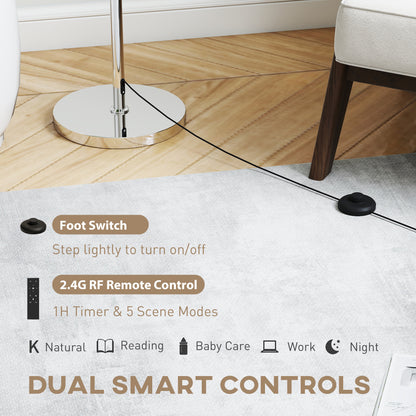 Floor Lamp with Remote, Height Adjustable Standing Lamp with Linen Shade, Dimmable with 3000K-6000K Adjustable Colour Temperatures, Foot Switch for Living Room Bedroom Office, Silver Tone