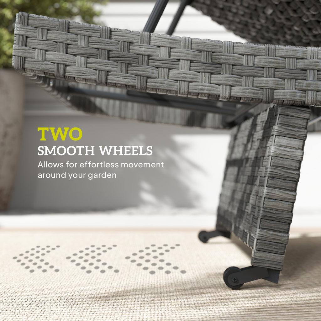 Outsunny Outdoor PE Rattan Sun Lounger, Folding Wicker Garden Lounger Recliner with 4-Level Adjustable Backrest, Rolling Sunbed Lounge Chair with Wheels, Non-Slip Legs for Balcony, Beach, Mixed-grey