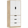 Modern Clothes Storage Cupboard Unit, 3 Drawer 2 Door Wardrobe with Hanging Rod, Oak