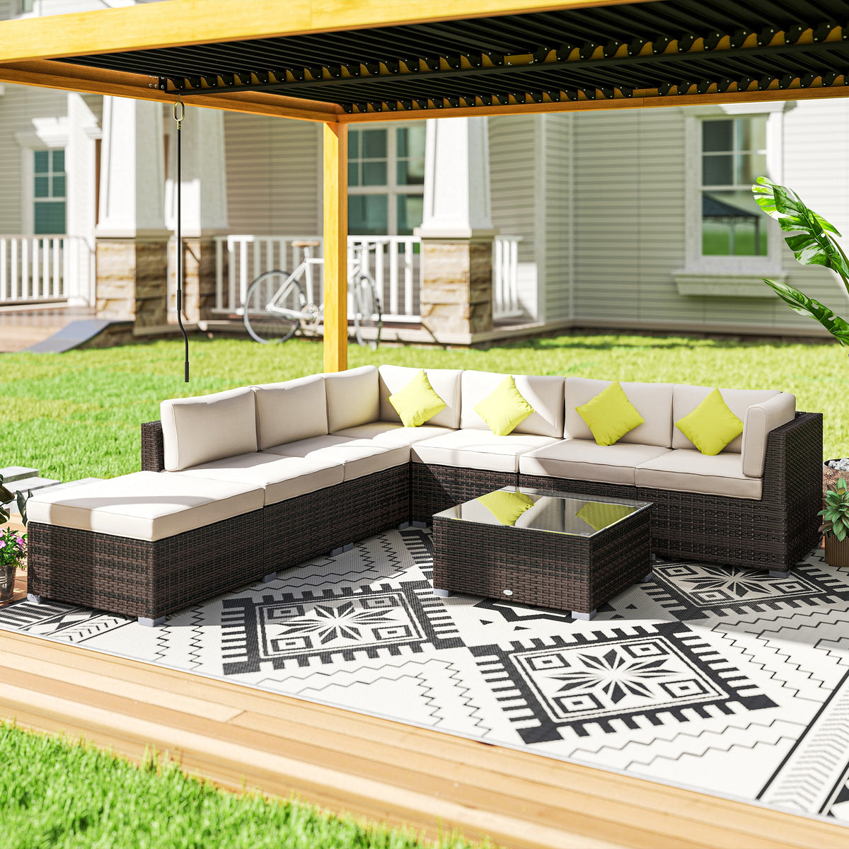 Outsunny 8 Piece Rattan Corner Sofa Set with Wide & Deep Seat, Assembled Aluminium PE Rattan Garden Furniture Set with Thick Cushions and Glass Top Table for Outdoor, Conservatory, Mixed Brown