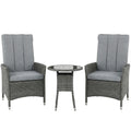 Outsunny Rattan Bistro Set, Reclining Garden Chairs and Glass Coffee Table with Cushions for Patio Balcony Porch, Grey