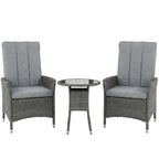 Outsunny Rattan Bistro Set, Reclining Garden Chairs and Glass Coffee Table with Cushions for Patio Balcony Porch, Grey
