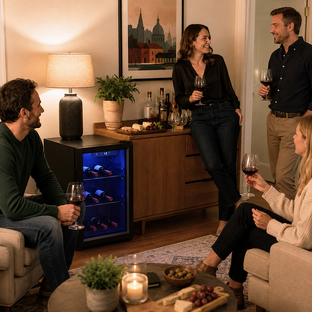 16 Bottle Wine Cooler, 48 Litre Capacity, 4-16°C Tabletop Counter Drinks Wine Fridge with Glass Door, LED Light, Black