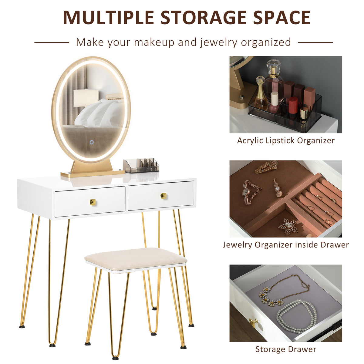 Dressing Table with LED Mirror and Cushioned Stool, Vanity Desk with Acrylic Lipstick Holder and 2 Drawers, Makeup Table for Bedroom, White
