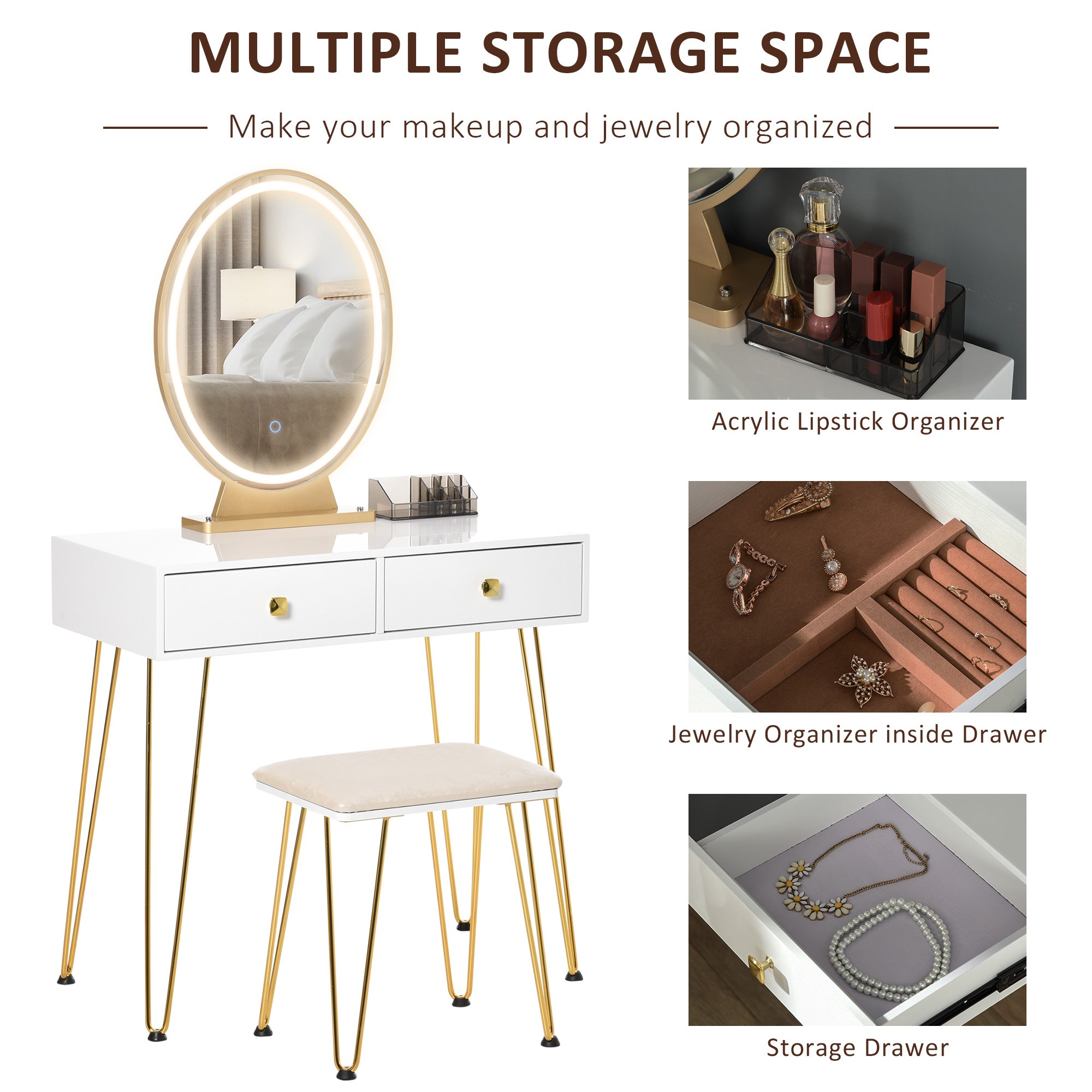 HOMCOM Dressing Table with LED Mirror and Cushioned Stool, Vanity Desk with Acrylic Lipstick Holder and 2 Drawers, Makeup Table for Bedroom, White