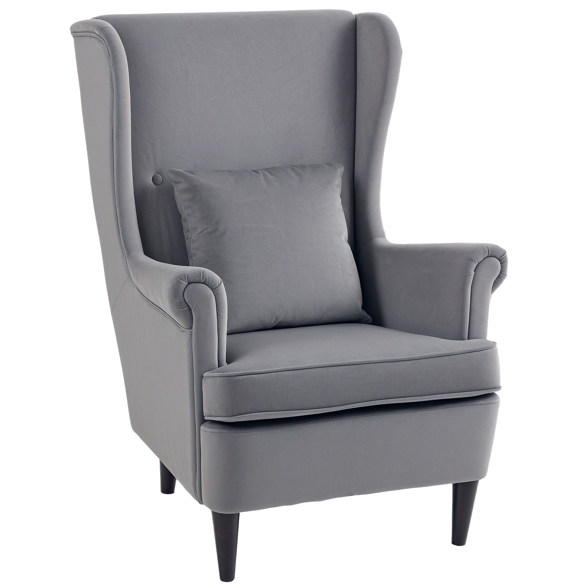 HOMCOM Modern Accent Chair with High Backrest and Pillow, Velvet-Feel Fabric Reading Chair with Solid Wood Legs, Grey