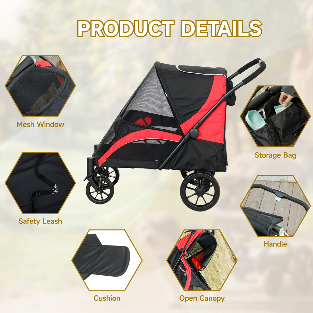 PawHut Foldable Pet Stroller for Large Dogs with Four Big Wheels, Shock-Absorbing Frame, Safety Leashes, Brakes, Red/Black