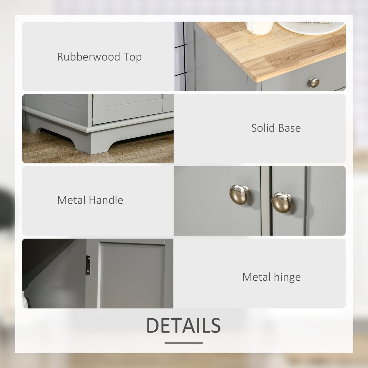 Sideboard with Rubberwood Top and Independent Storage Shelves for Dining Room, Kitchen - Grey