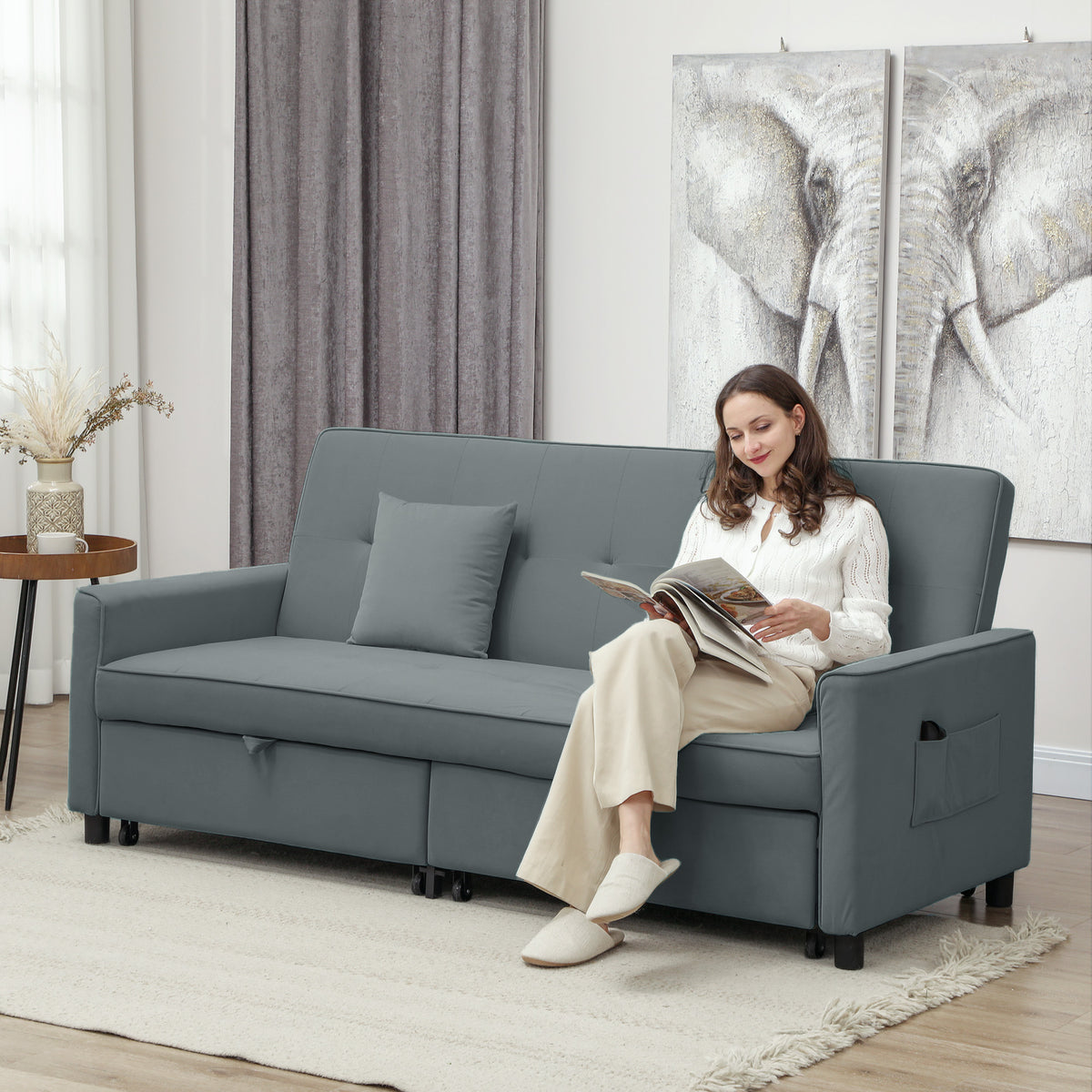 3 Seater Velvet Sofa Bed, Convertible Click-Clack Couch with Adjustable Backrest, Small Double Sleeper Sofa for Living Room & Guests, Grey