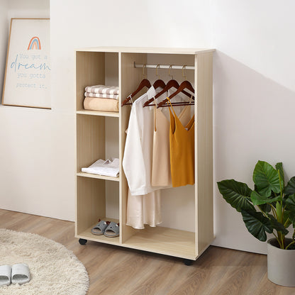 Open Wardrobe on Wheels, Bedroom Wardrobe with Clothes Hanging Rail, 3 Storage Shelves, Mobile Garment Rack for Cloakroom, Hallway, Maple Wood-Effect