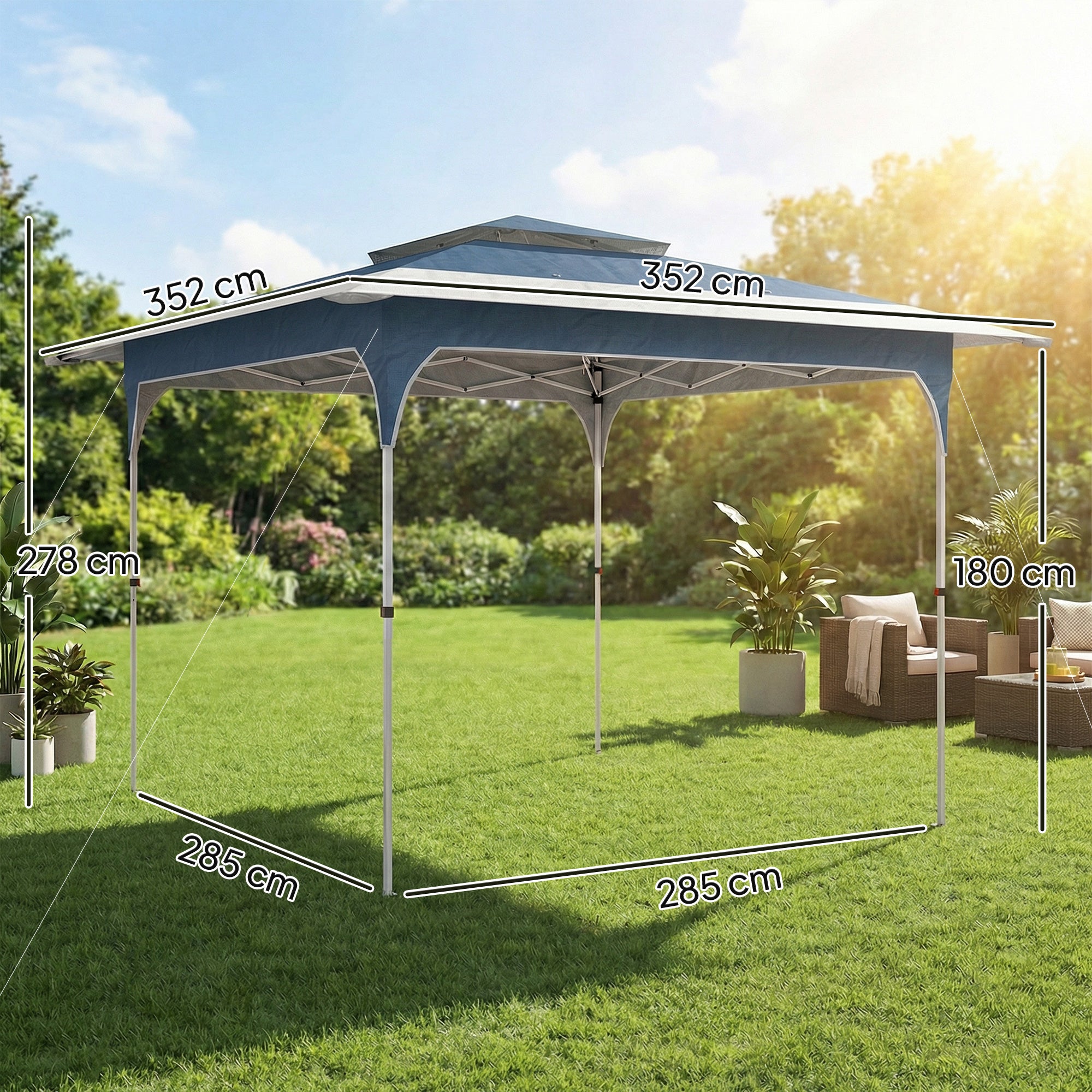 Outsunny 3.5 x 3.5 m Pop Up Gazebo with One-Push Setup, UPF50+ Double Tier Garden Party Tent Marquee with Carry Bag, Blue