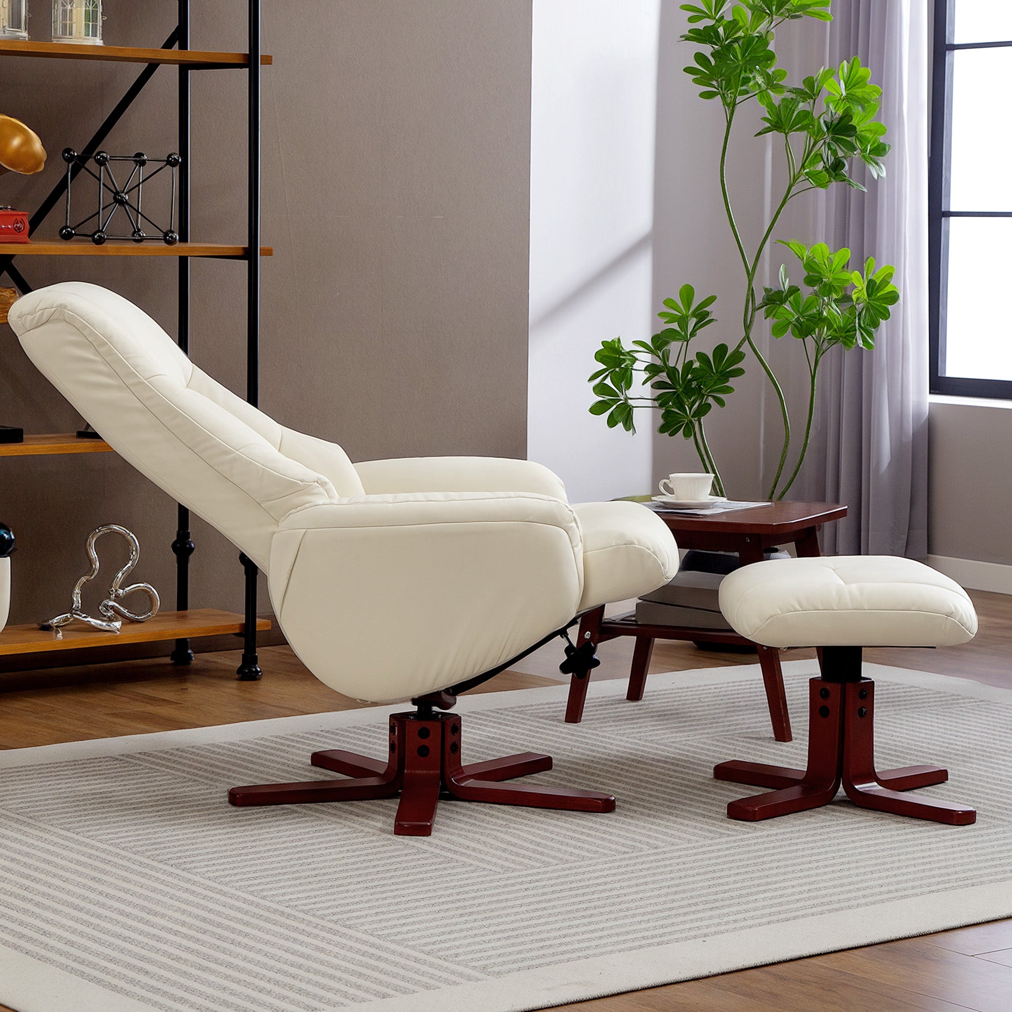 HOMCOM Rocking Recliner Chair with Footstool, PU Leather Recliner Armchair with Wood Base, Upholstered Reclining Chair for Living Room Bedroom, Cream