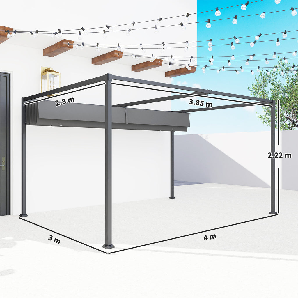 Outsunny 4 x 3(m) Metal Outdoor Pergola with Retractable Roof, Outdoor Gazebo with Drainage Holes for Garden, Patio, Lawn, Grey