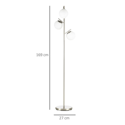 3-Light Tree Floor Lamps for Living Room, Modern Standing Lamp for Bedroom with Globe Lampshade, Steel Base, Bulb not Included, Silver Tone