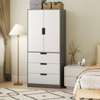 Modern Clothes Storage Cupboard Unit, 3 Drawer 2 Door Wardrobe with Hanging Rod, Grey