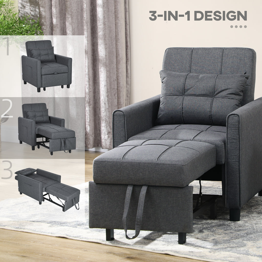 HOMCOM 3-In-1 Linen-Look Single Chair Bed with Adjustable Back & Eucalyptus Wood Sofa Frame - Grey