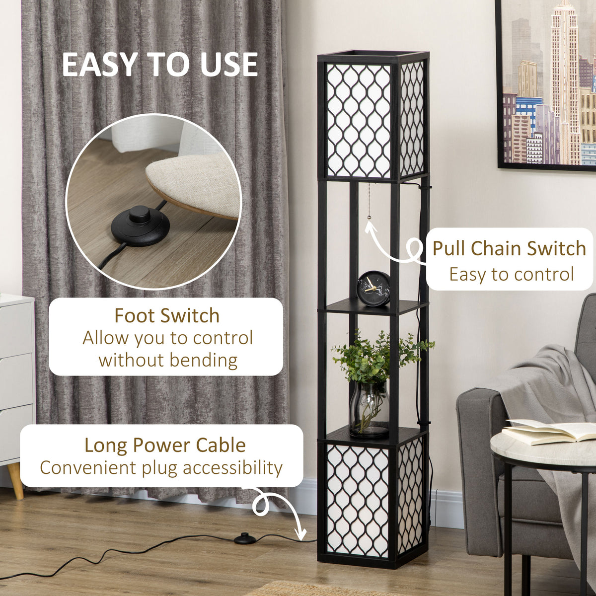 Floor Lamp with Shelves, Modern Tall Standing Lamps with Fabric Lampshade, Chain Switch and Dual Light for Living Room, Bedroom, Bulb not Included, Black
