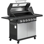 Outsunny 6+1 Burner Gas BBQ Grill, Outdoor Barbecue Trolley with Wheels, Warming Rack, Thermometer, Bottle Opener, Silver Tone