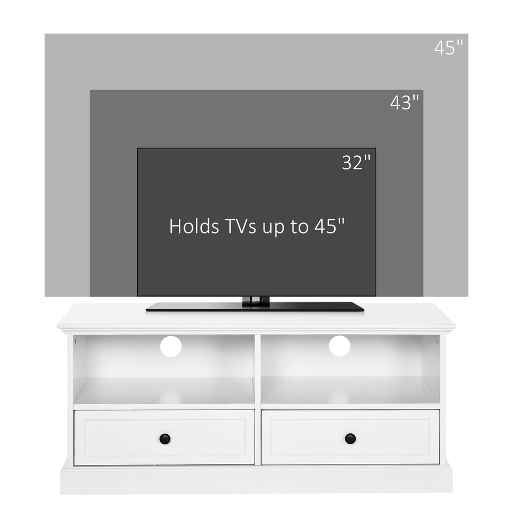 Modern TV Unit Cabinet for TVs up to 45 Inches, TV Stand with Drawers, Open Shelves, Cable Holes for Living Room, White