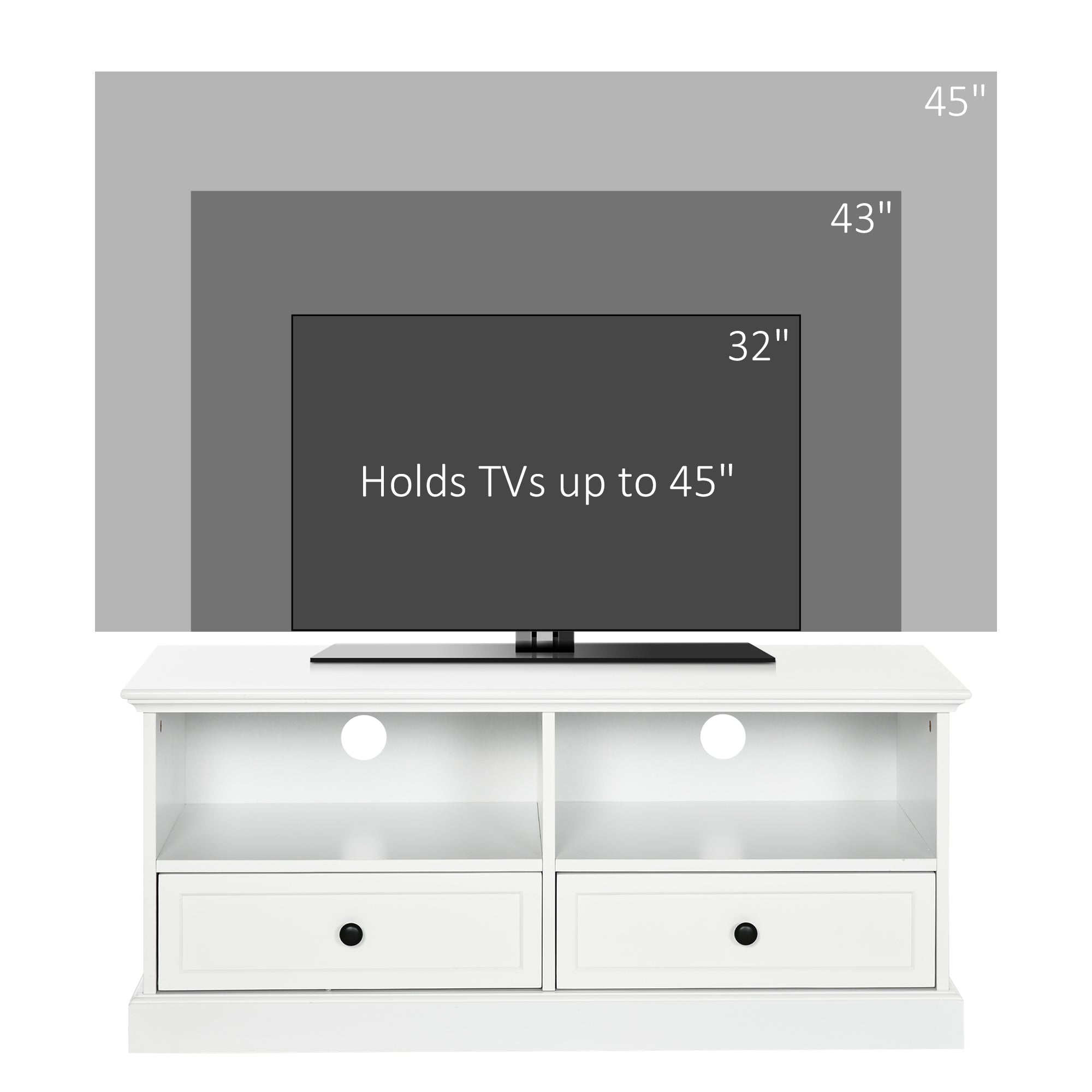 Modern TV Unit Cabinet for TVs up to 45 Inches, TV Stand with Drawers, Open Shelves, Cable Holes for Living Room, White
