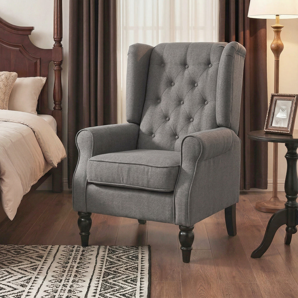 HOMCOM Wingback Accent Chair, Snow Flannel Armchair with Thick Spring Cushion, High Back, Solid Wood Legs, Retro Button Tufted Reading Chair for Living Room, Bedroom, Dark Grey