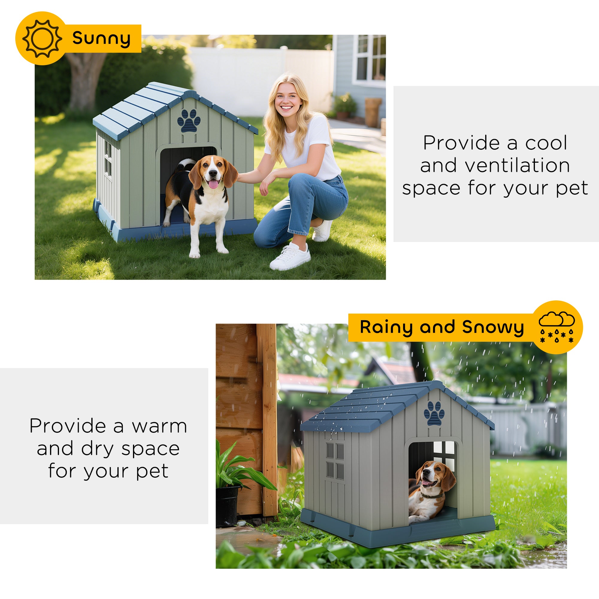 PawHut Dog Kennel Outdoor for Medium Dogs, Waterproof Plastic Dog House for Garden, Patio, 85 x 79 x 82 cm, Grey