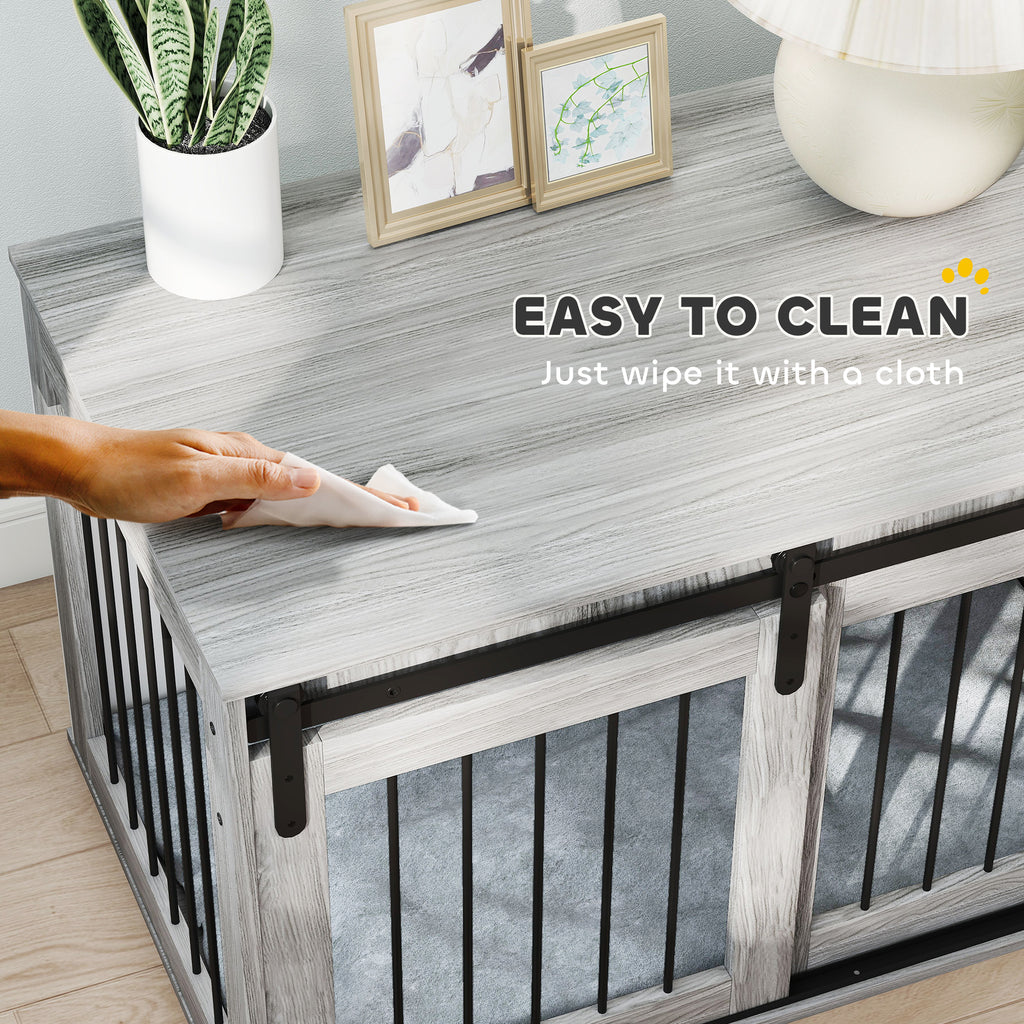 PawHut 98cm Dog Crate Furniture with Removable Cushion for Large Dogs - Grey