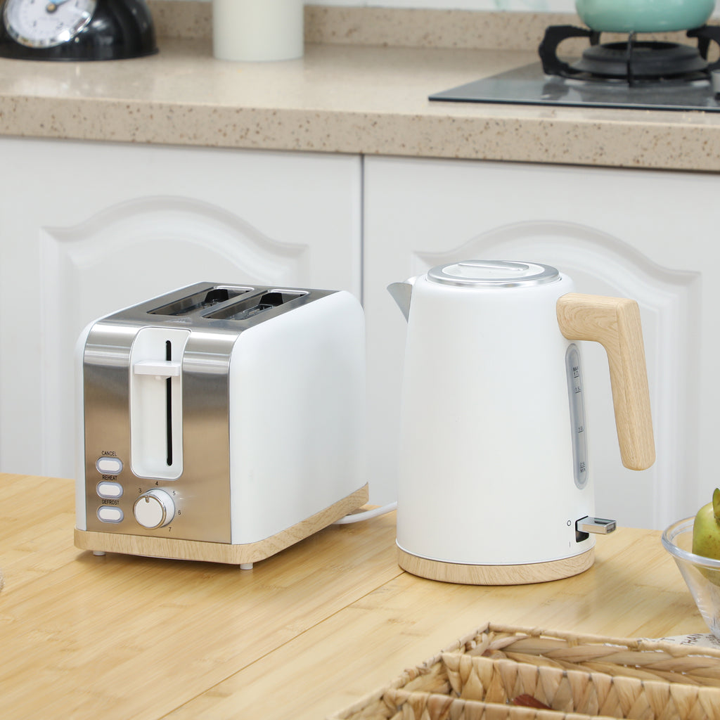 Stainless Steel Kettle and Toaster Set, 1.7L 3000W Fast Boil Kettle & 2 Slice Toaster Kitchen Set with 7 Level Browning Controls, Defrost, Reheat, Auto Off, Boil-dry Protection, White