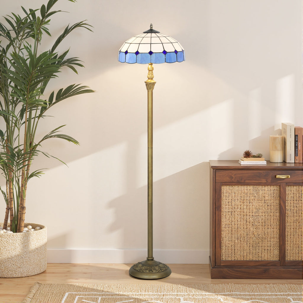 Tiffany-Style Floor Lamp with Handcrafted Stained Glass Shade, 152cm Tall Vintage Standing Lamp with Foot Switch and Dual Sockets for Living Room Bedroom, Bronze Tone and Blue