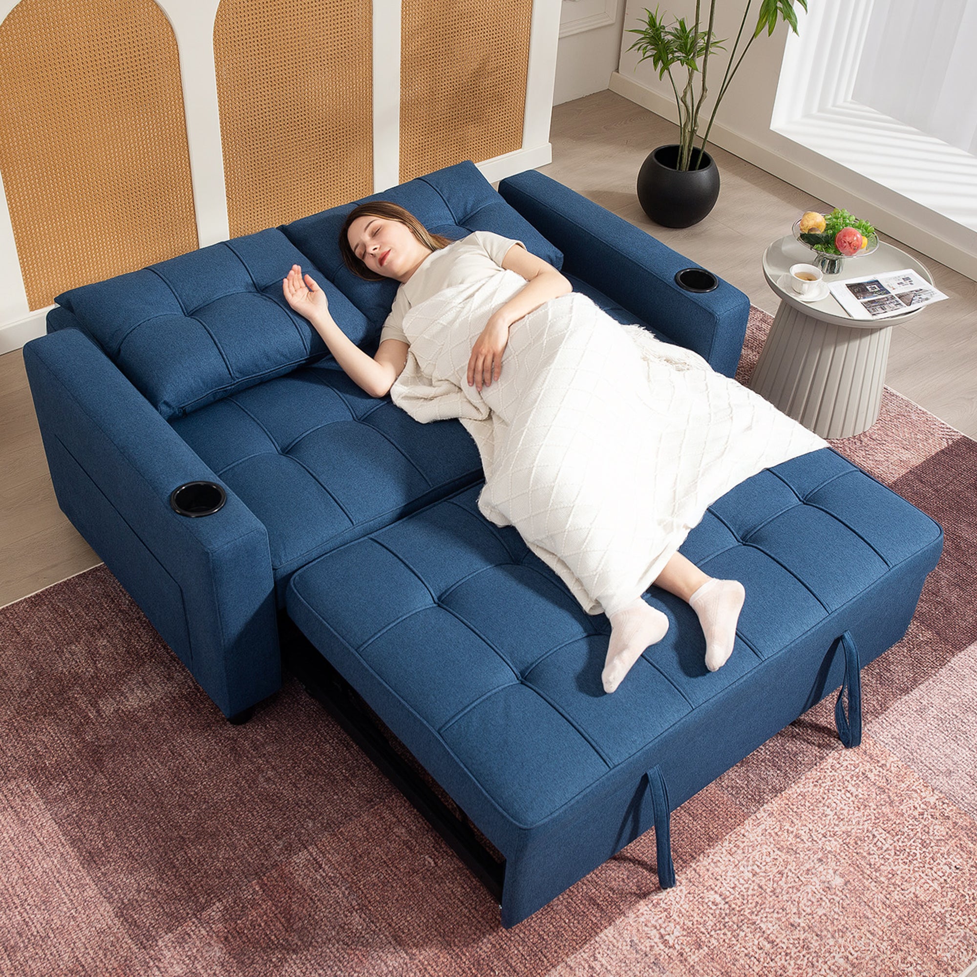 HOMCOM Two-Seater Pull-Out Sofa Bed - Dark Blue