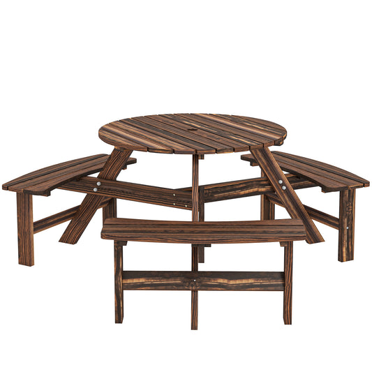 Outsunny Wooden Garden Dining Set, 6 Seater Round Dining Picnic Table with Matching Bench, Garden Furniture Set with Parasol Hole for Outdoor Patio Party and Family Gatherings, Carbonized